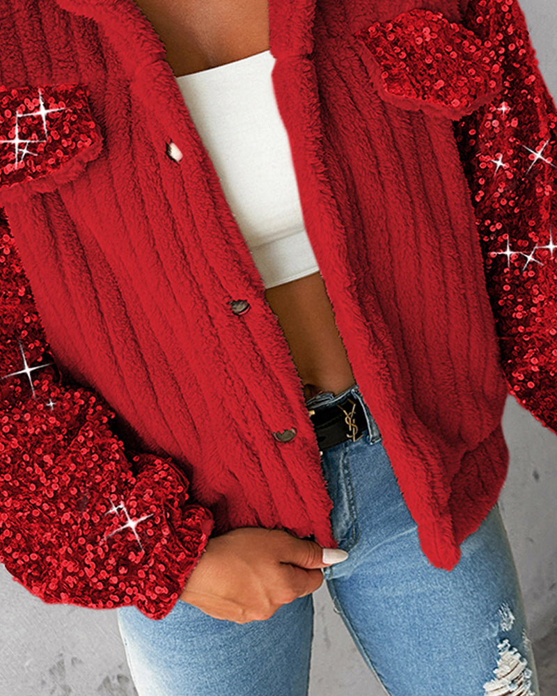 Turn-down Collar Sequin Patch Teddy Jacket