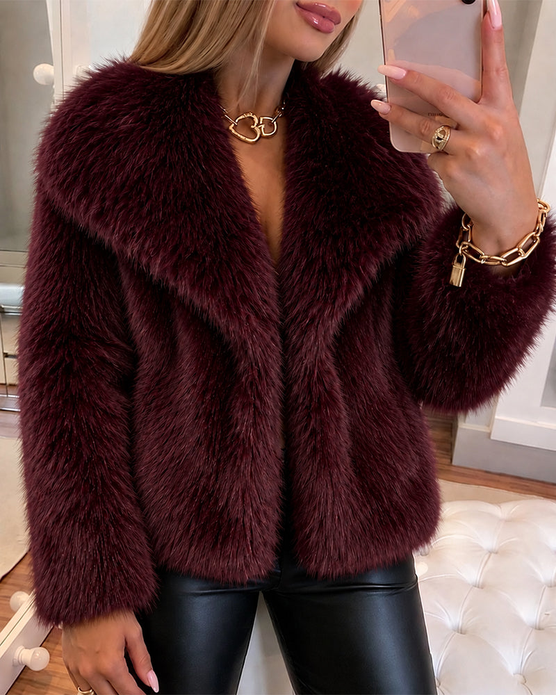 Women's Wide Lapel Cropped Faux Fur Fluffy Coat
