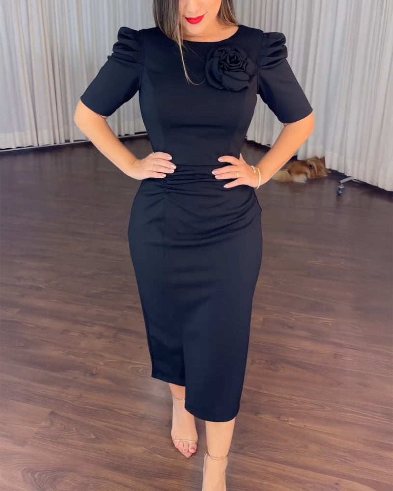 3D Flower Decor Round Neck Puff Sleeve Bodycon Dress Casual Ruched Slit Zipper Back Work Dress