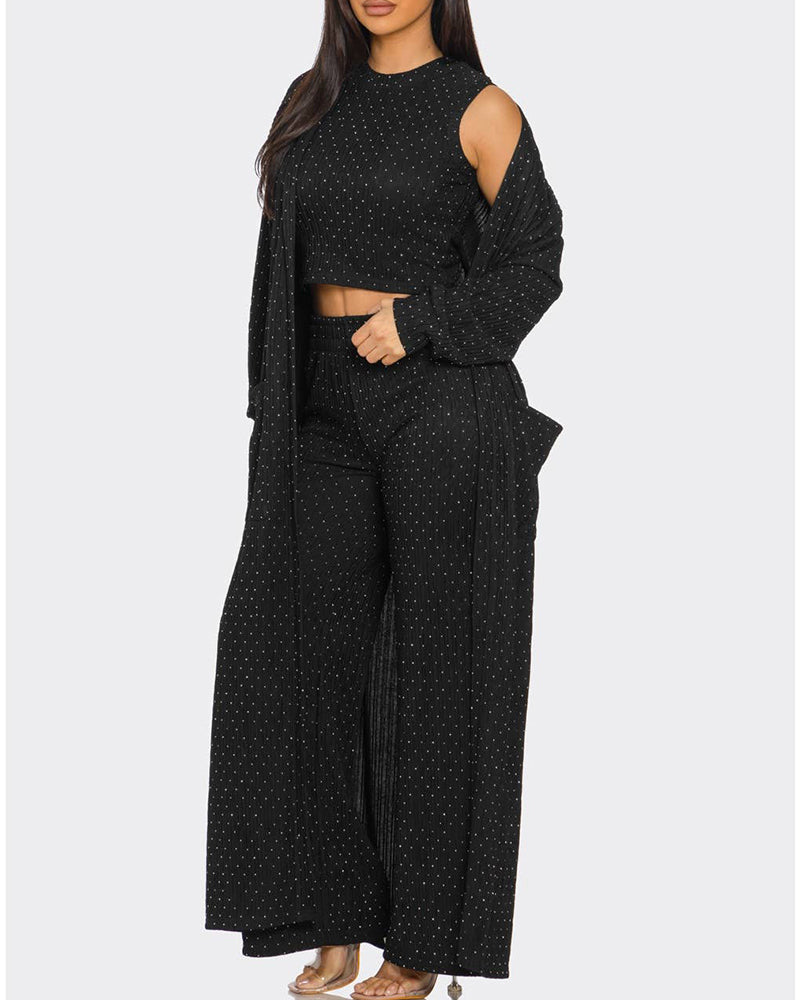 3 Pieces Outfits Cozy Comfort Glitter Long Sleeve Longline Coat and Cropped Ribbed Knit Tank Wide Leg Pants Set