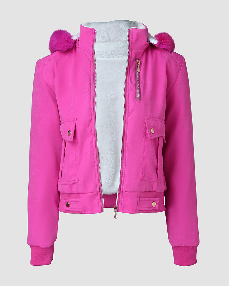 Flauschige Jacke mit Kapuze, Reißverschluss, Fleecefutter und Taschen