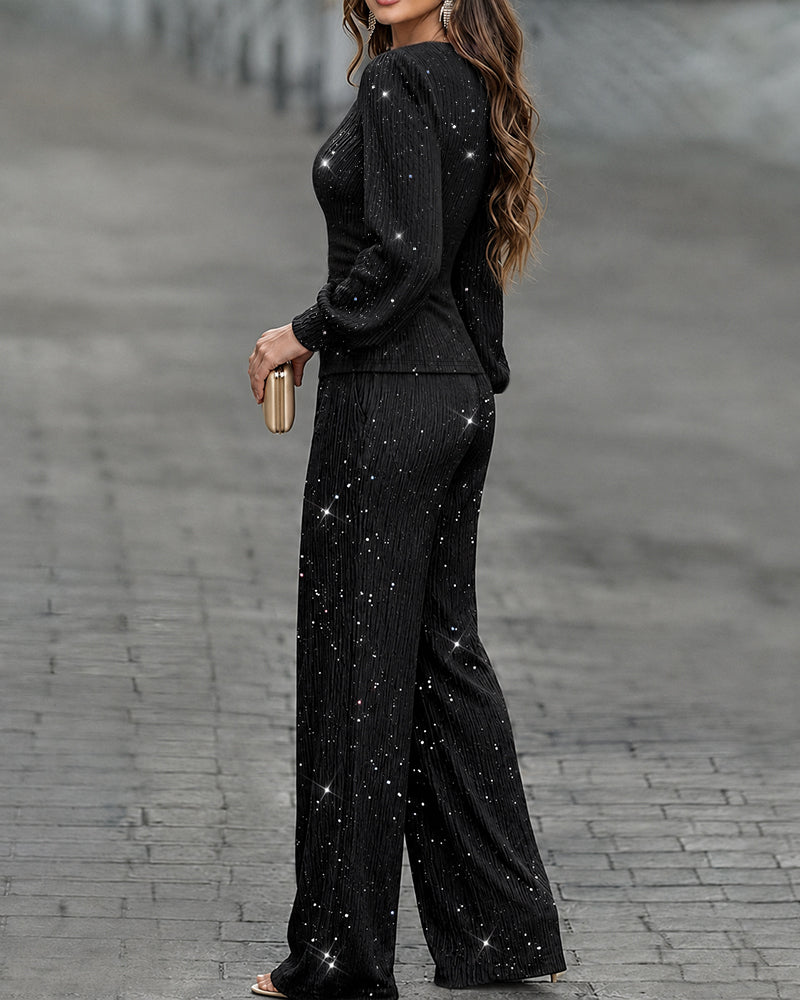 Women's 2 Piece Glitter Set Deep V Neck Lantern Sleeve Ruched Top and Wide Leg Pants with Pockets