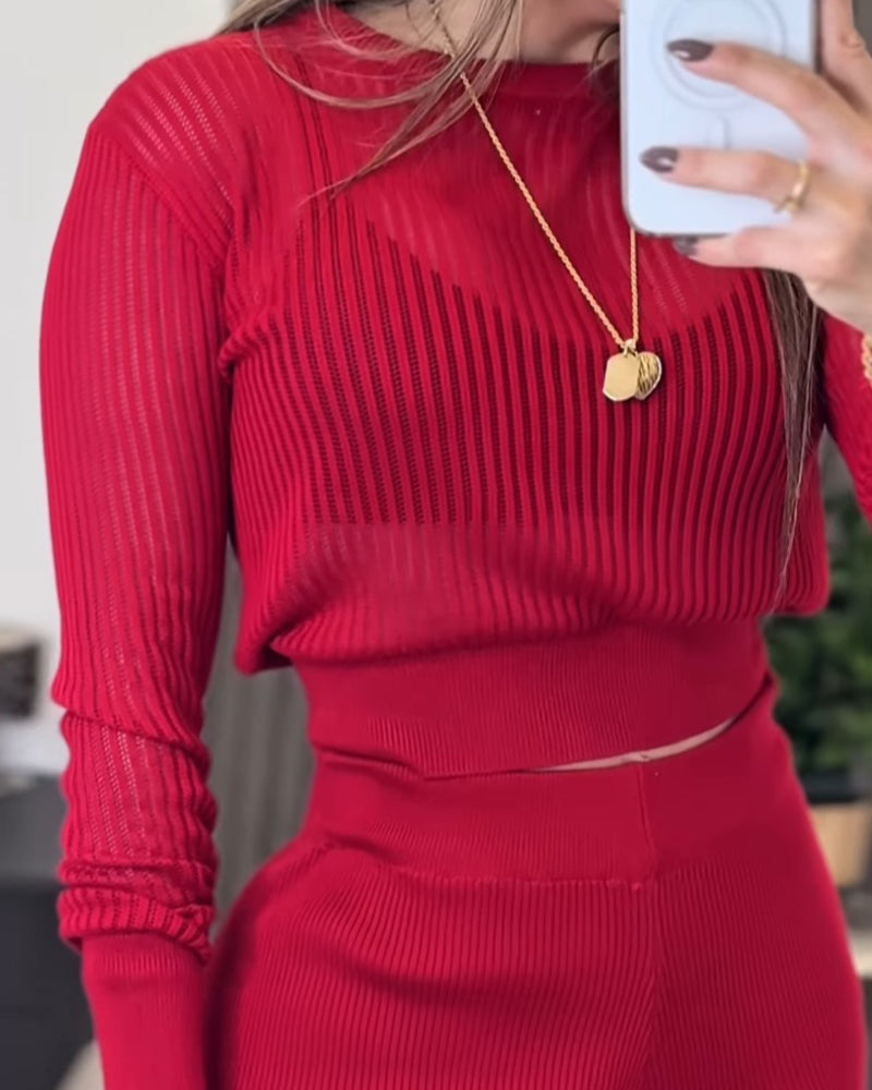 2 Pieces Outfit Round Neck Long Sleeve Semi-Sheer Crop Top and High Waist Elastic Waist Wide Leg Pants Set Casual Minimalist Ribbed Set