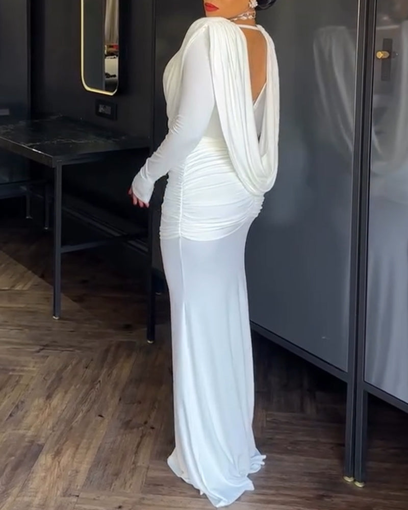 Cowl Neck Ruched Zipper Back Slim Fit Maxi Dress Casual Padded Shoulders Backless Evening Dress