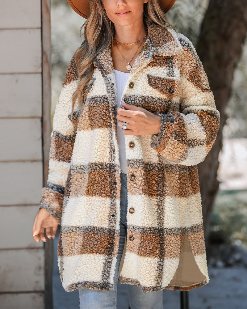 Damen-Shacket aus kariertem Fleece mit Revers, durchgehender Knopfleiste, mittellang und oversized