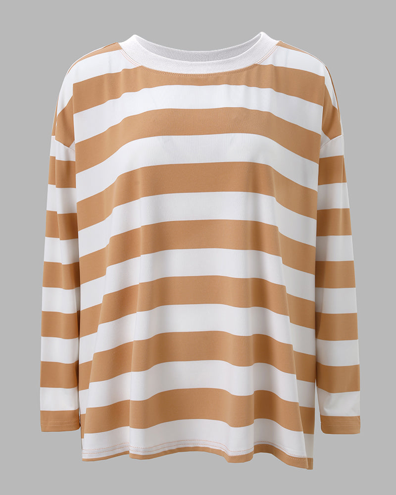 Women's Striped T Shirt Long Sleeve Drop Shoulder Crewneck Tee Side Slit Casual Loose Fit Top