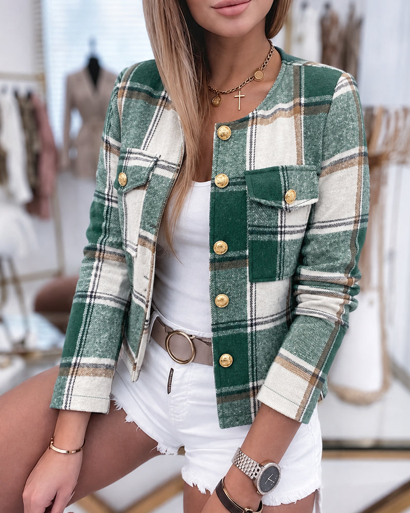 Women's Vintage Plaid Crop Coat Crew Neck Gold Button Flap Pocket Jacket