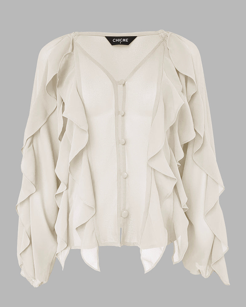 V Neck Shoulder Ruffles Design Blouse Casual Button Front Long Sleeve Top