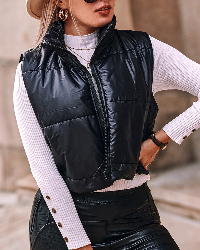 Stand Collar Zip Up Lightweight Cropped Puffer Vest Sleeveless Drawstring Hem Padded Coat