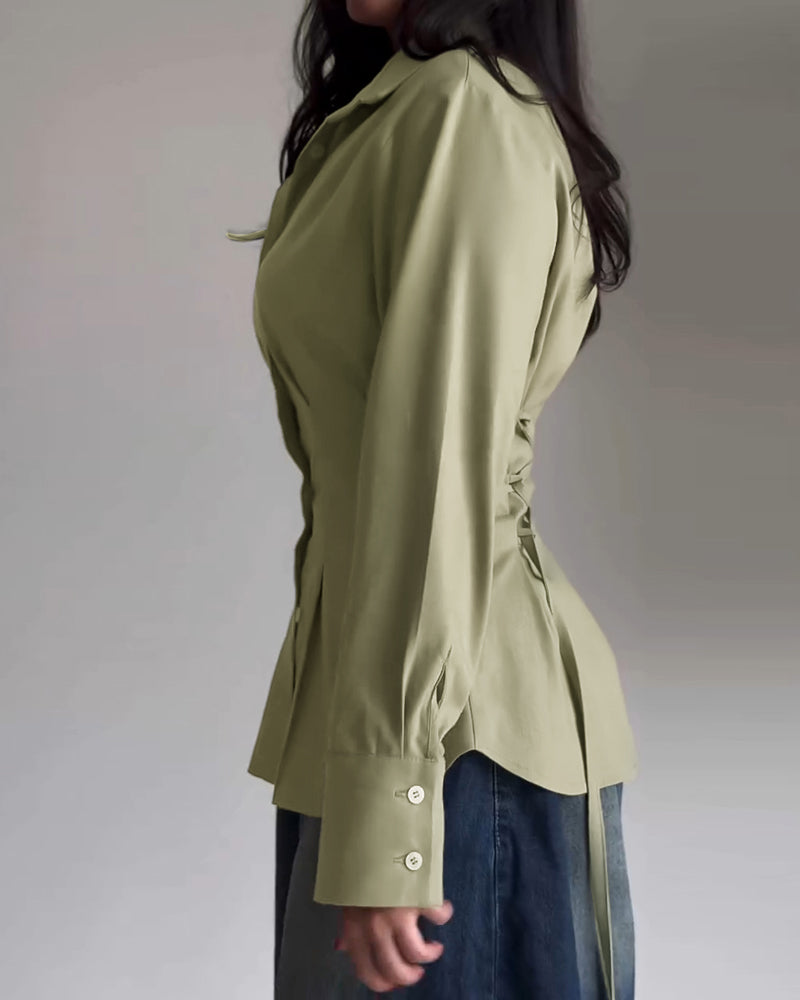 Turn-down Collar Long Sleeve Button Front Blouse Casual Back Criss Cross Tied Detail Fishtail Shirt