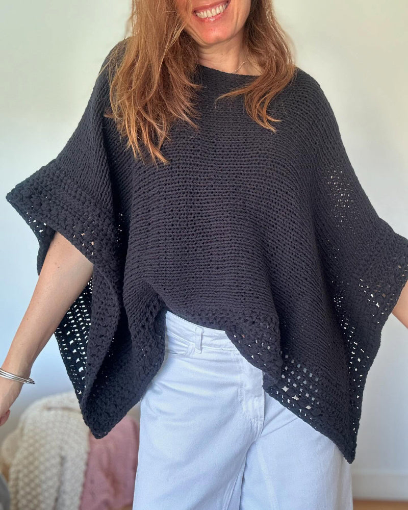 Solid Batwing Sleeve Hollow Out Crochet Pattern Top Casual Cover Up