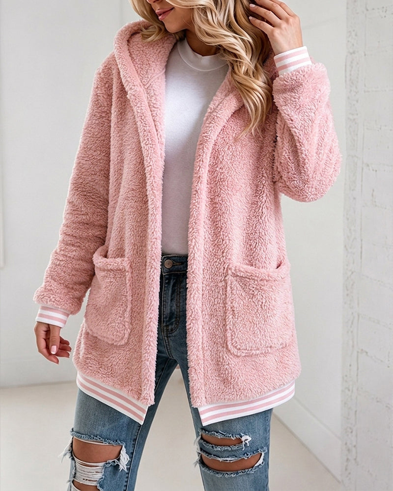 Damen-Sherpa-Fleece-Kapuzenjacke mit offener Front, gestreiftem Besatz und flauschigem Obermaterial