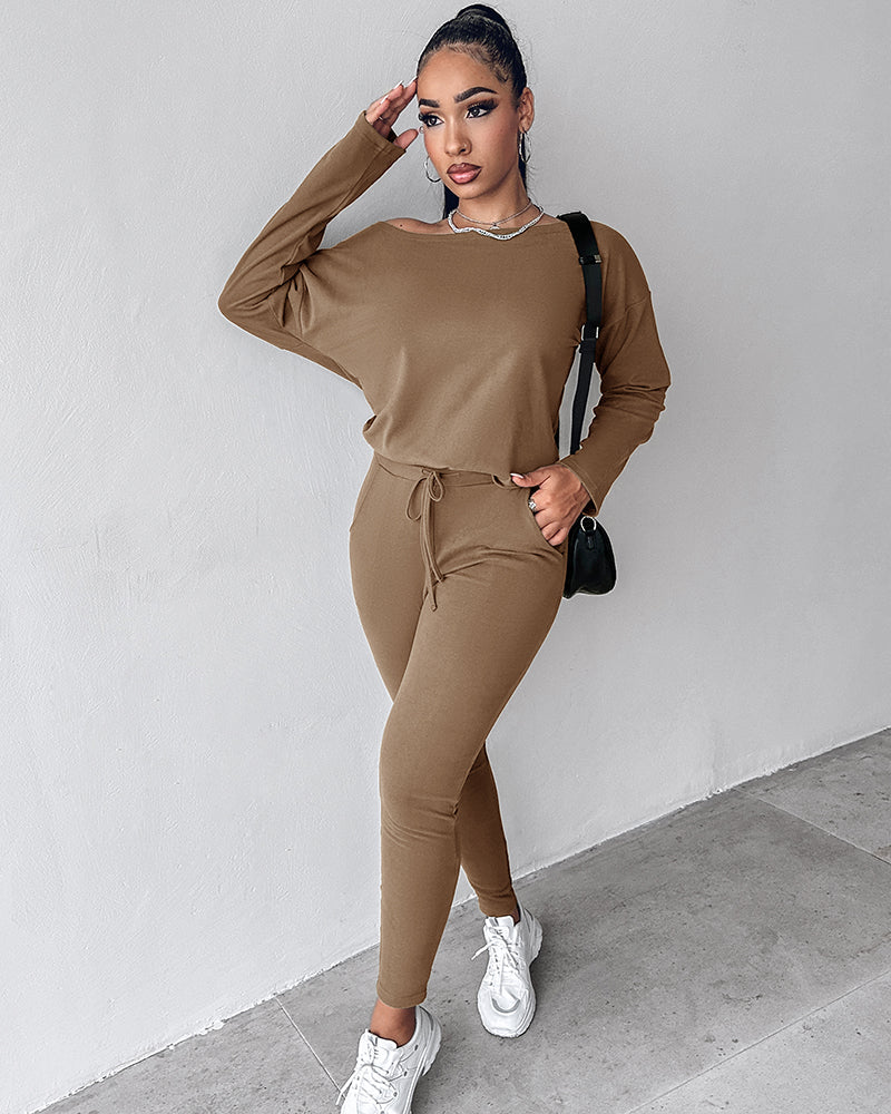 2 Pieces Outfit Long Sleeve Skew Neck Pullover Top and Drawstring Elastic Waist Slim Fit Pants Set