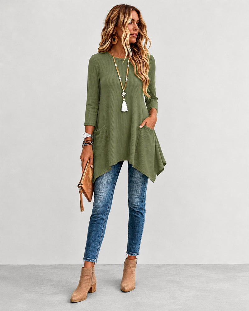 Women's Ribbed Asymmetrical Hem Top Crewneck Three Quarters Sleeve A-Line Casual Top