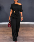 Women's Two Piece Outfits Convertible Shoulder Ruched Top and High Waisted Straight Leg Pants Set