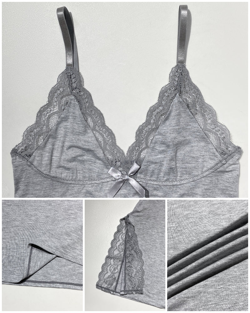 2 Piece Lace Trim Side Slit Bowknot Decor Modal Cami Sleep Dress Cardigan Nightdress Set