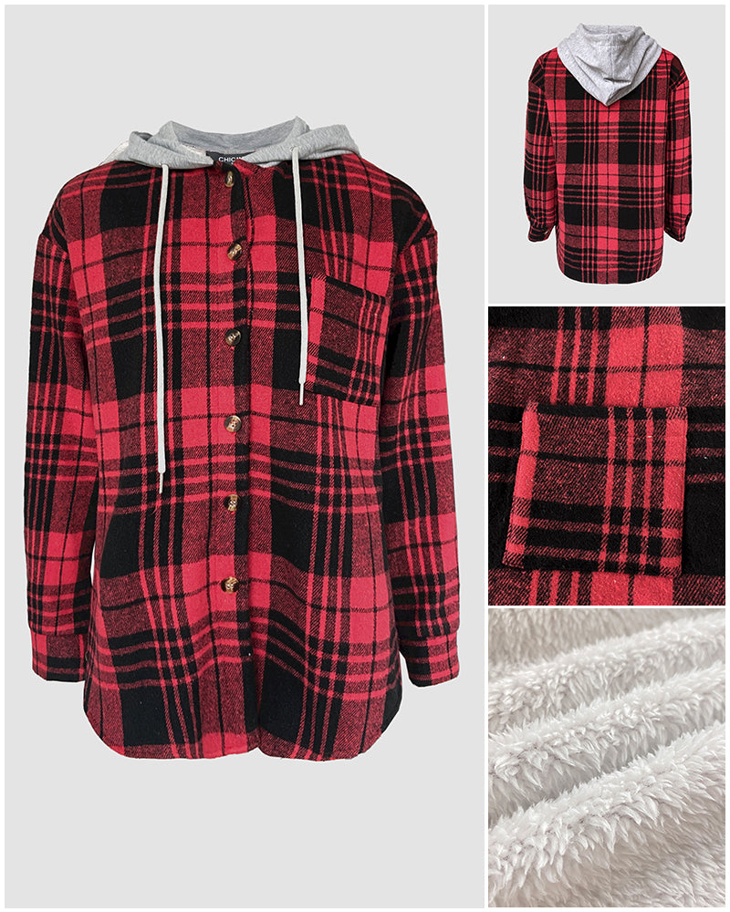 Plaid Print Button Front Pocket Design Drawstring Hoodie Jacket Casual Asymmetrical Hem Thermal Lined Warm Coat