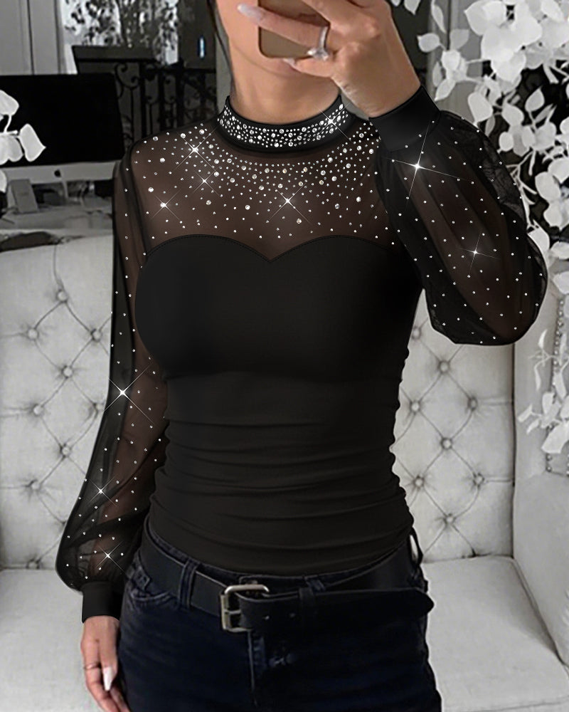 Rhinestone Decor Mock Neck Lantern Sleeve Sheer Mesh Spliced Tee Hollow-out Back Slim Fit Top