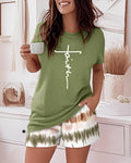 2 Pieces Outfit Graphic Pattern Short Sleeve Top and Casual Tie Dye Print Pants Set