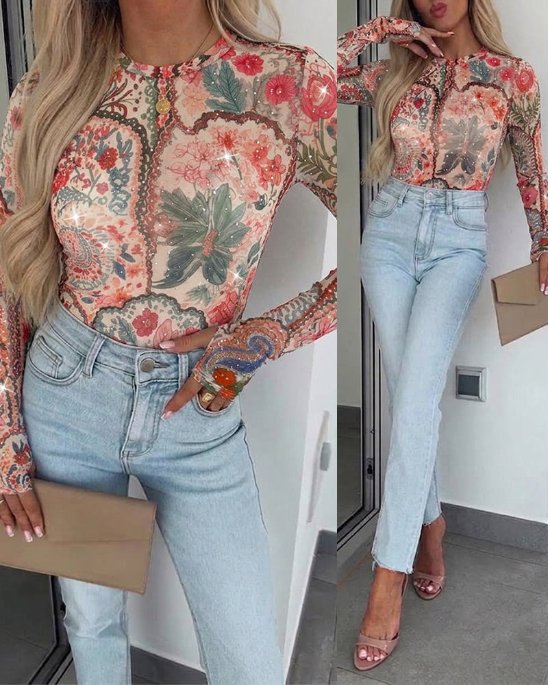Women's Vintage Floral Rhinestone Mesh Top Slim Fit Long Sleeve Tee with Thumb Holes