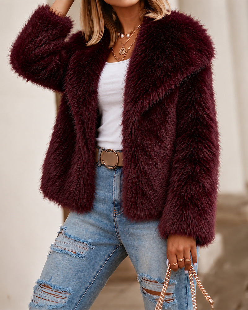 Women's Wide Lapel Cropped Faux Fur Fluffy Coat