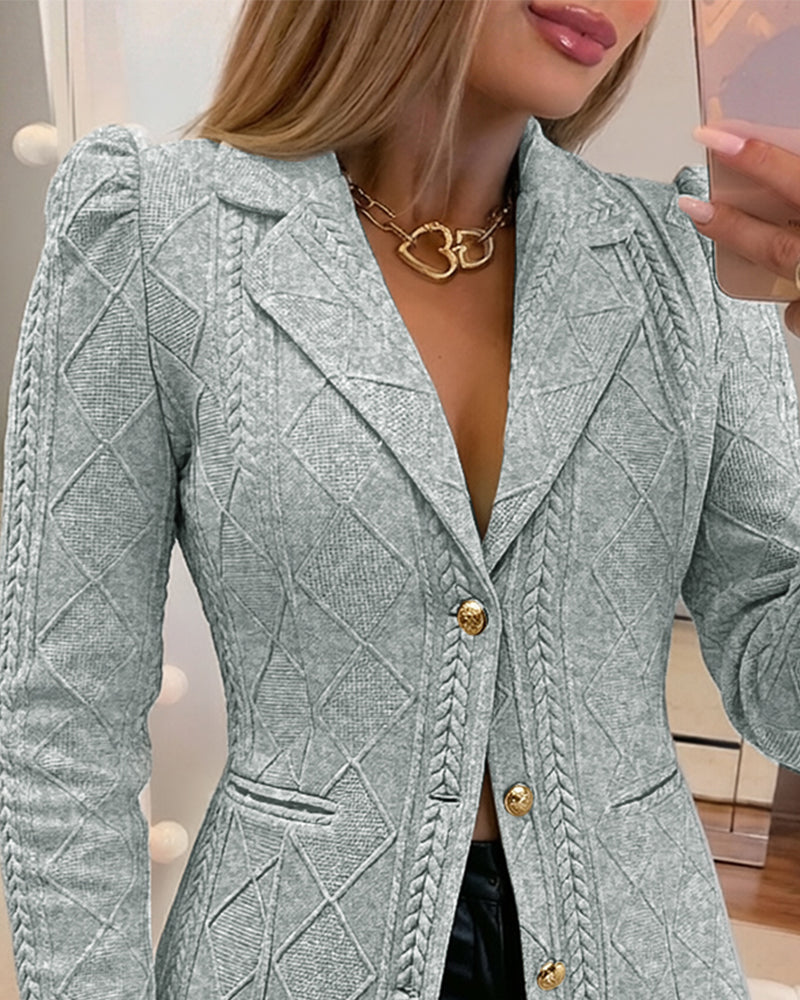 Women's Elegant Argyle Textured Blazer Slim Fit Puff Sleeve Suit Jacket Gold Button Work Office Commuter Blazer with Pockets