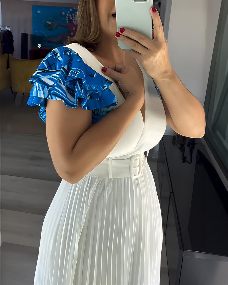 Abstract Placement Print Overlap Deep V-Neck Ruffles Sleeve Pleated Maxi Dress Elegant Zipper Back Cinched Waist Vacation Dress with Belt