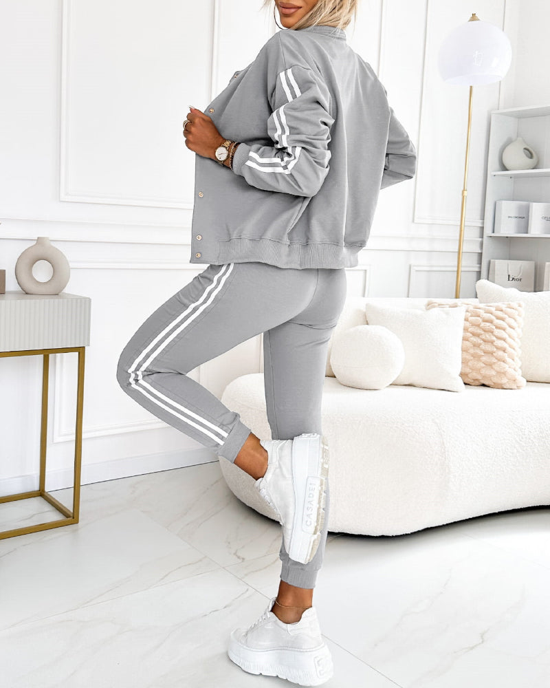 3 Pieces Outfit Snap Buttons Front Coat and Elastic Waist Seam Front Stretchy Cuffs Pants Set with Tank Top Casual Contrast Side Striped Tracksuit