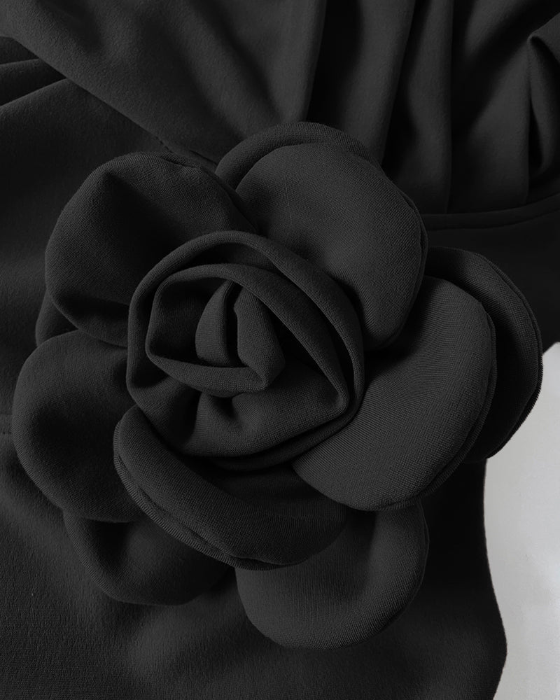 3D Flower Decor Round Neck Puff Sleeve Bodycon Dress Casual Ruched Slit Zipper Back Work Dress