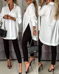 Women's Cotton Oversized Button Down Shirt Long Sleeve Blouse Casual Curved Hem Top