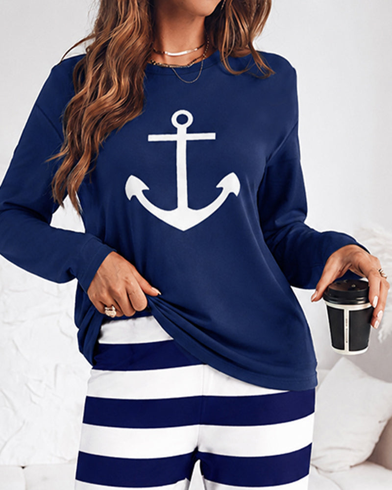 2-teiliges Damen-Pyjama-Set mit Anker-Langarmshirt und gestreifter Hose mit weitem Bein, lässiges Lounge-Set