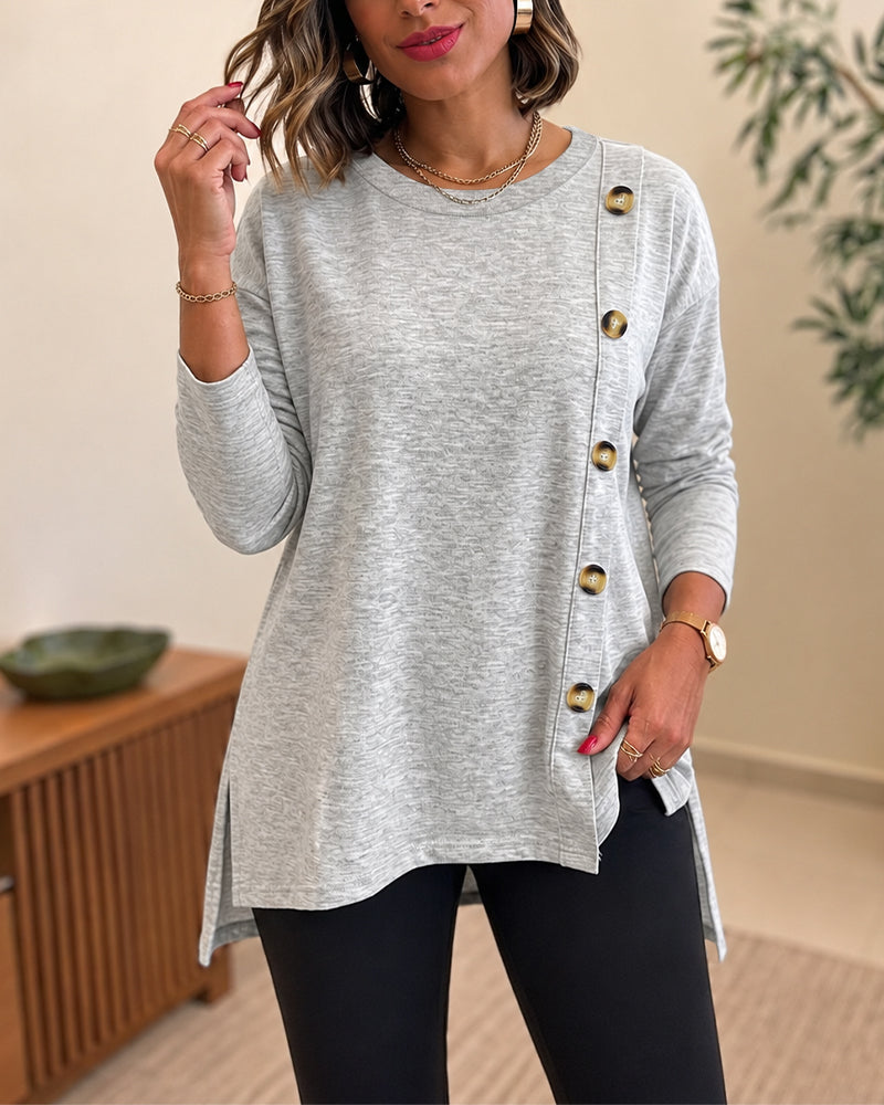 Women's Side Button Detail High-Low Split Hem Loose Tee Drop Shoulder Casual Top