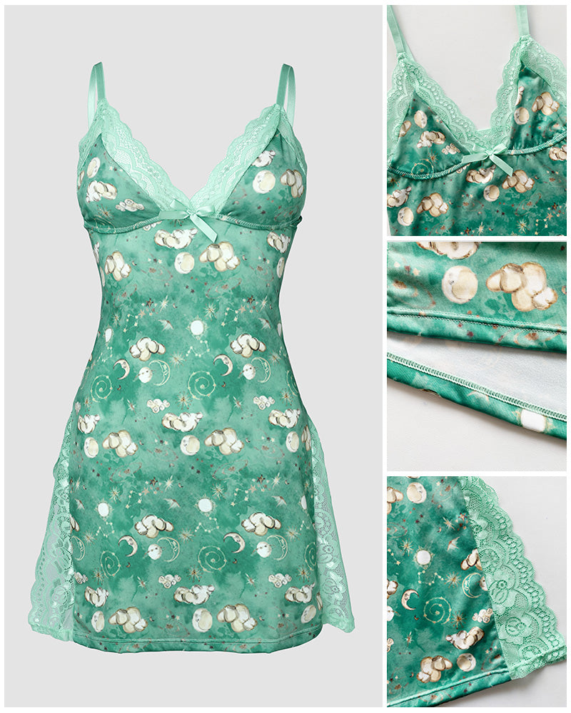 Graphic Print Lace Patch Bowknot Decor Sleep Dress