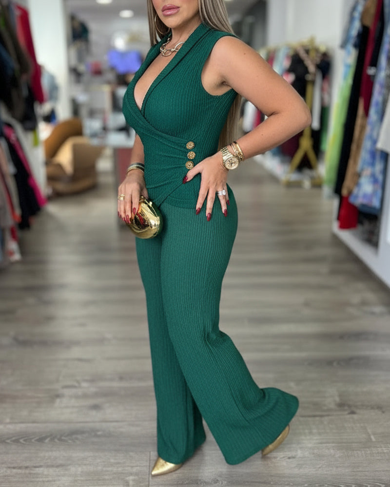 2 Pieces Outfit Overlap Deep V-Neck Sleeveless Side Button Decor Asymmetrical Hem Slim Fit Top and Elastic Waist Wide Leg Pants Set Casual Ribbed Set