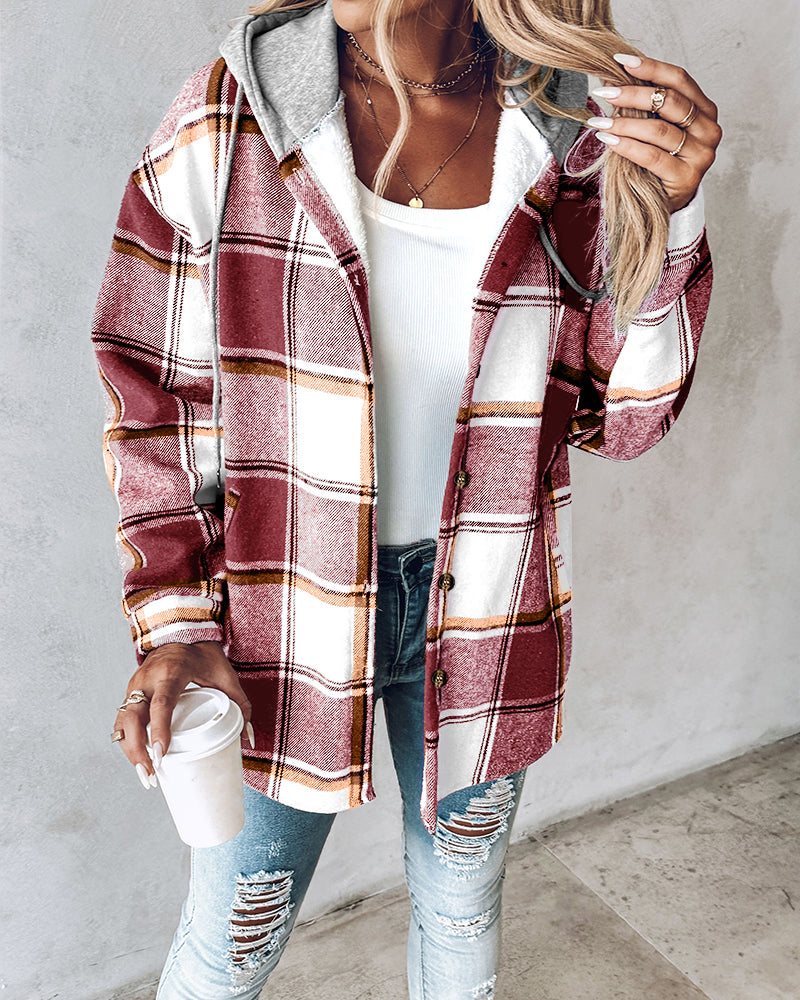 Karierte Langarm-Hemdjacke mit Knopfleiste, fleecegefütterte Kapuzenjacke, warmer Mantel