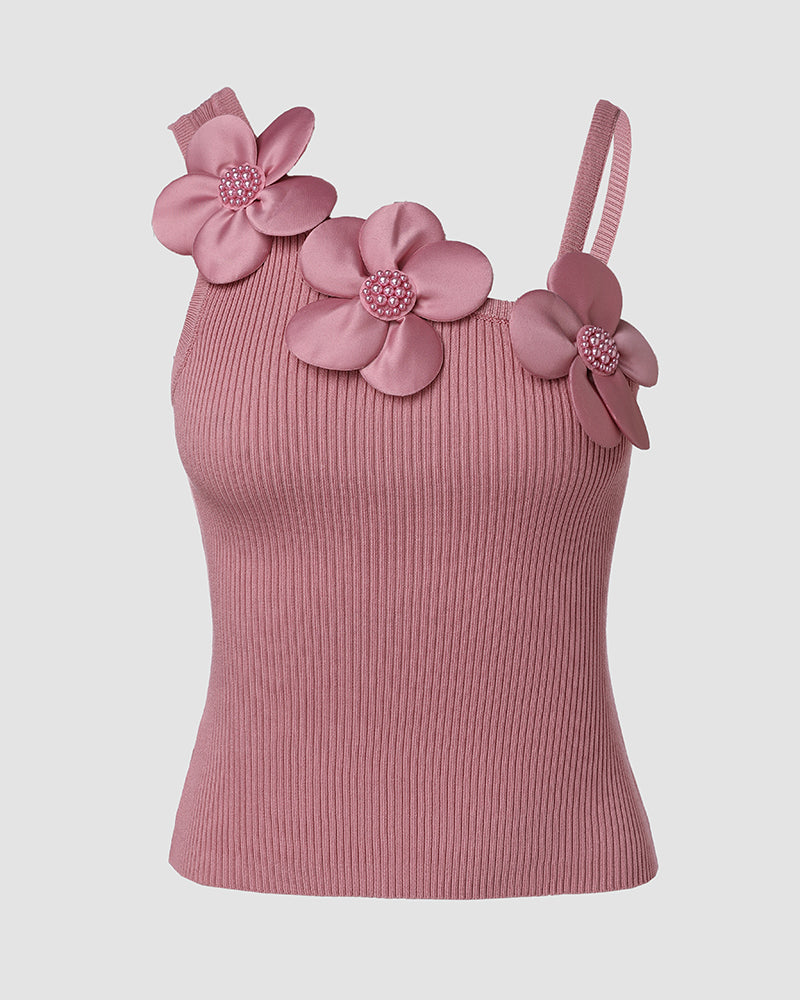 2 Pack Solid 3D Flower Tank Top Asymmetrical Neck Sleeveless Casual Ribbed Knit Camisole