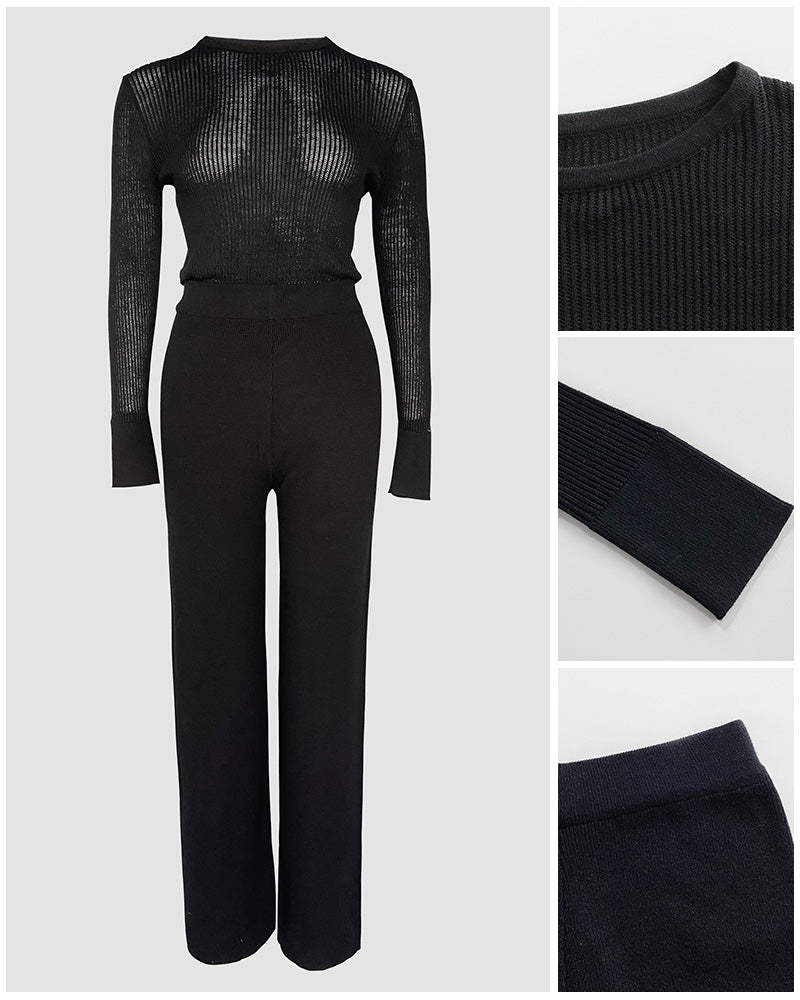 2 Pieces Outfit Round Neck Long Sleeve Semi-Sheer Crop Top and High Waist Elastic Waist Wide Leg Pants Set Casual Minimalist Ribbed Set