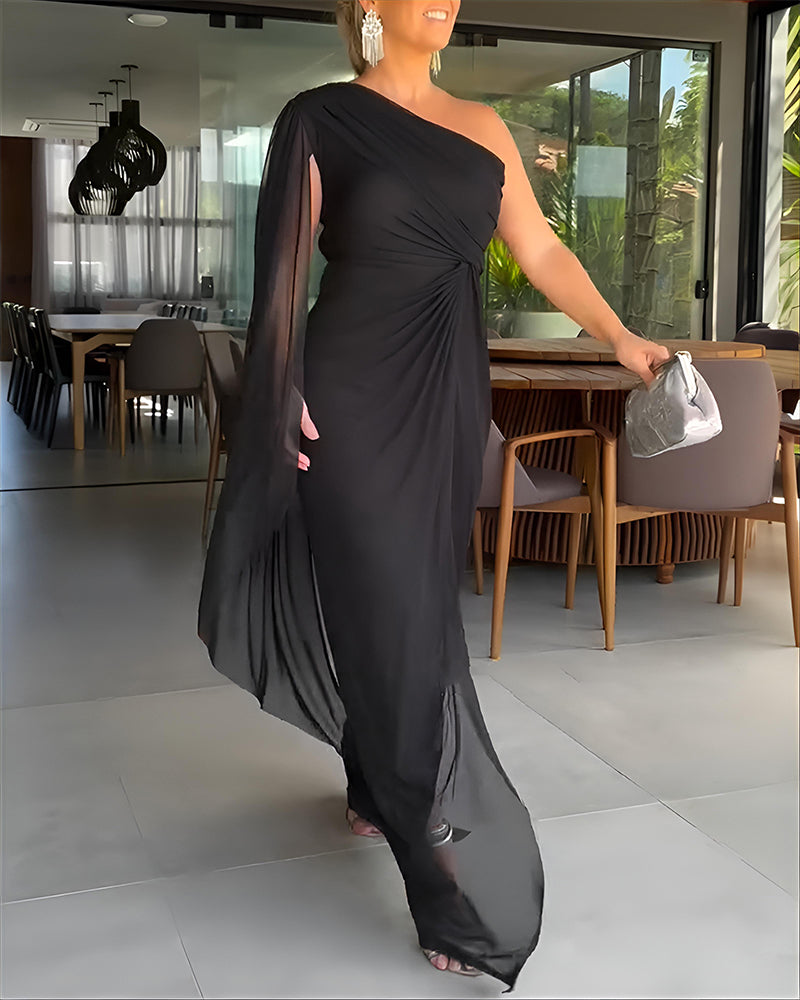 One Shoulder Asymmetrical Mesh Cloak Sleeve Ruched Twist Waist Evening Dress Waist Gathered Slit Party Dress
