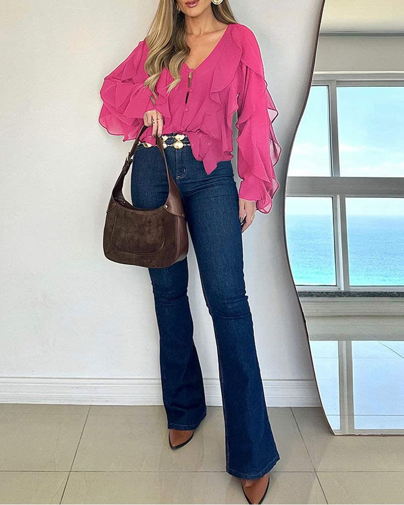 V Neck Shoulder Ruffles Design Blouse Casual Button Front Long Sleeve Top