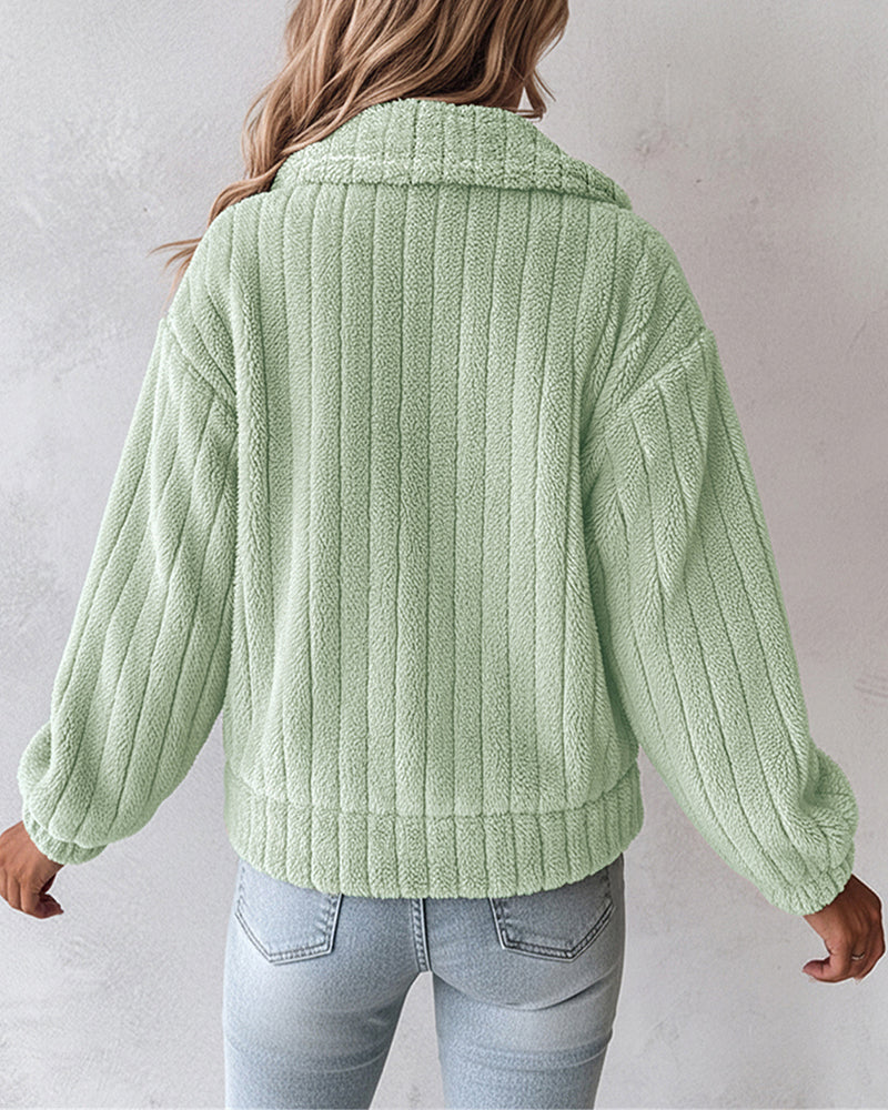 Textured Striped Turn-down Collar Button Front Elastic Cuff and Hem Teddy Fleece Jacket With Decorative Flap Pockets