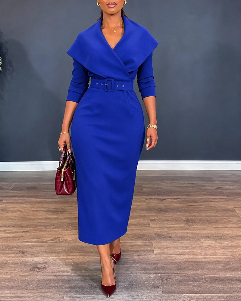 Women's Lapel Collar Wrap V-Neck Long Sleeve Slit Midi Dress with Belt