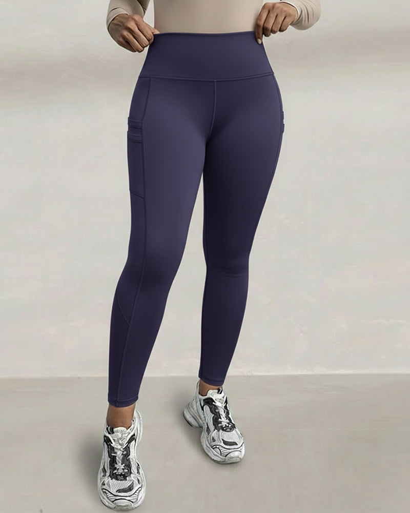Winter Warme High-Waisted Sport-Leggings mit Bauch-weg-Effekt, Po-Lifting, ultraweich, thermogefüttert, Yoga-Hose, Damen-Sportbekleidung mit seitlichen Eingrifftaschen