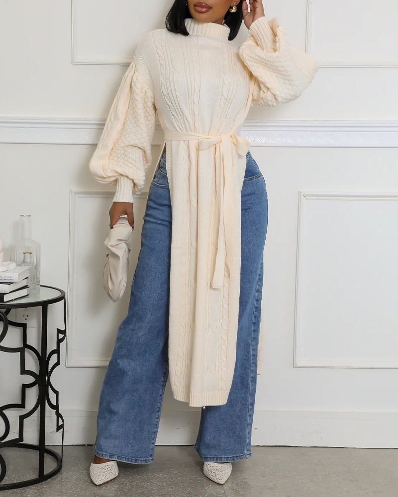 Cable Textured High Neck Lantern Sleeve Bow Tie Waist Sweater Casual High Slit Knit Longline Top