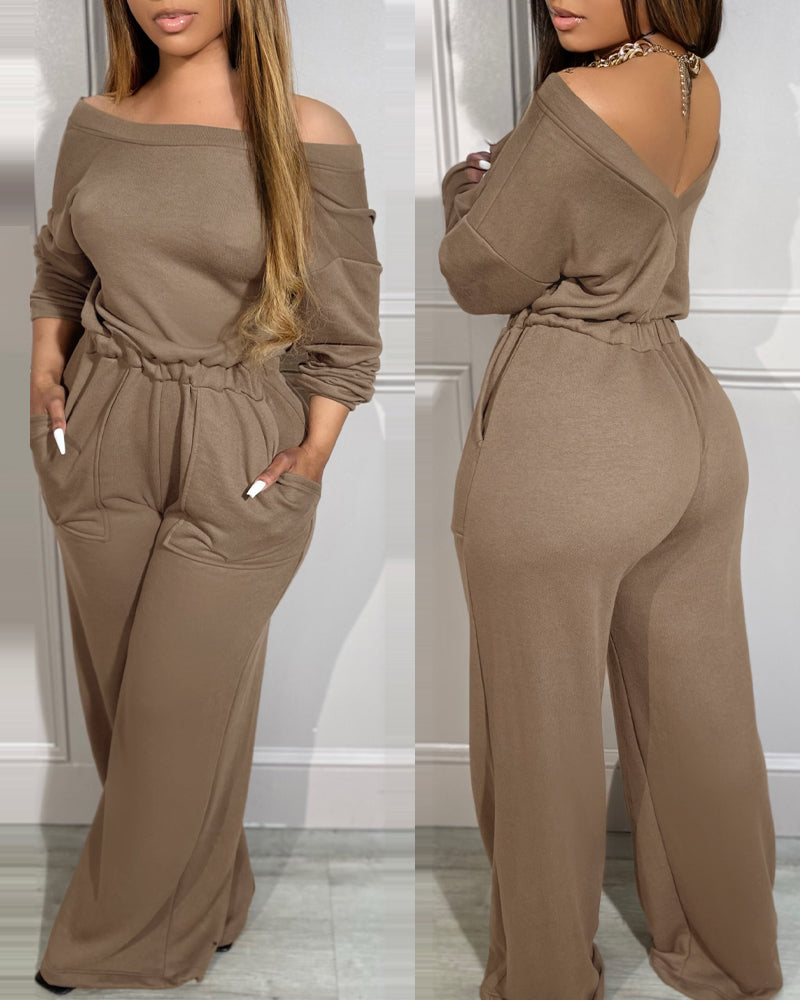 Off Shoulder V Back Elastic Waist Pockets Design Jumpsuit Casual Drop Shoulder Cinched Waist Wide Leg Jumpsuit