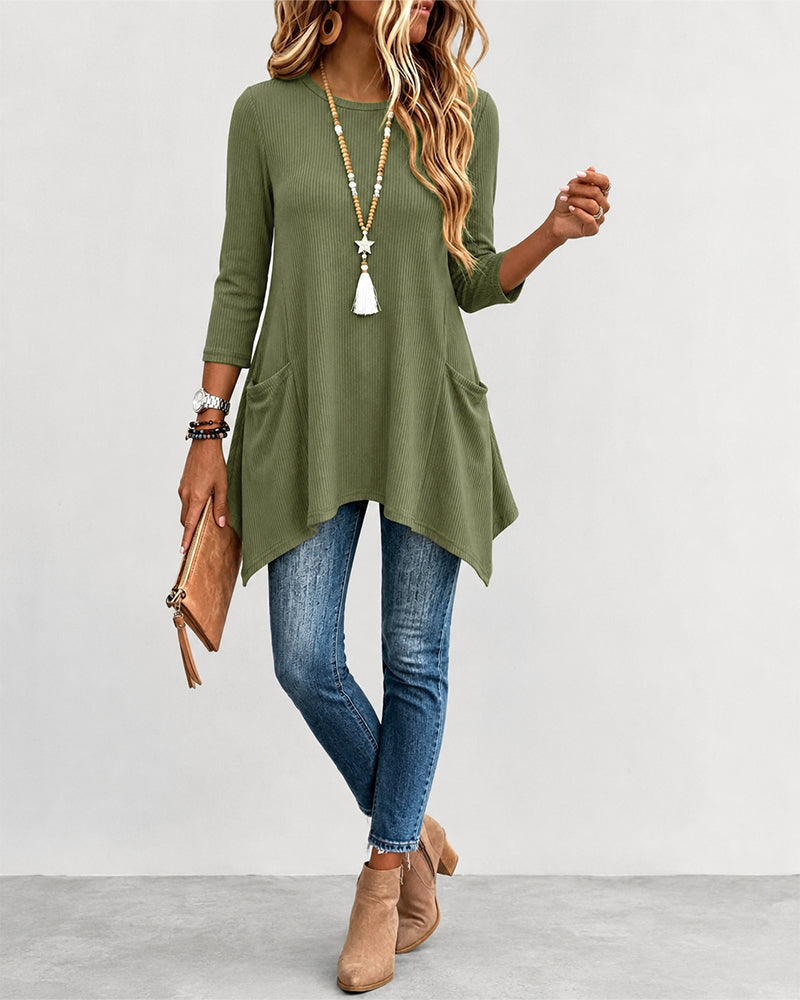 Women's Ribbed Asymmetrical Hem Top Crewneck Three Quarters Sleeve A-Line Casual Top