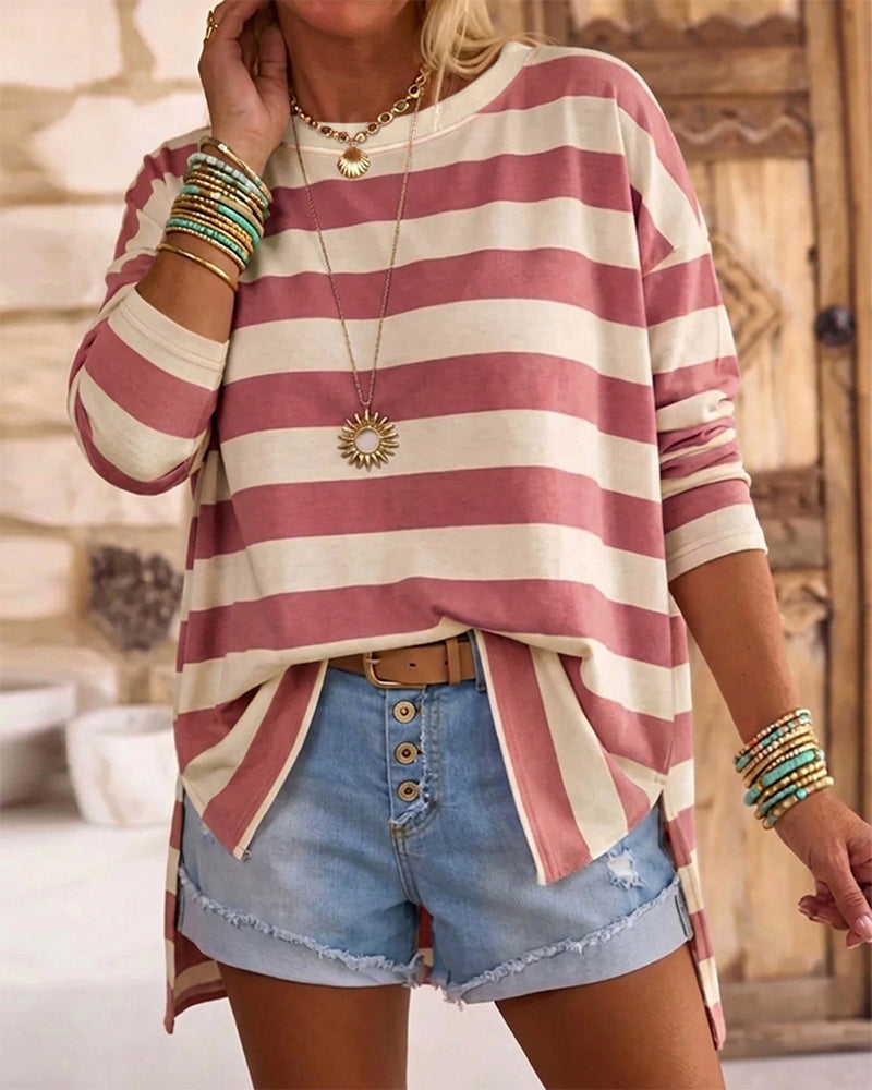 Women's Striped T Shirt Long Sleeve Drop Shoulder Crewneck Tee Side Slit Casual Loose Fit Top