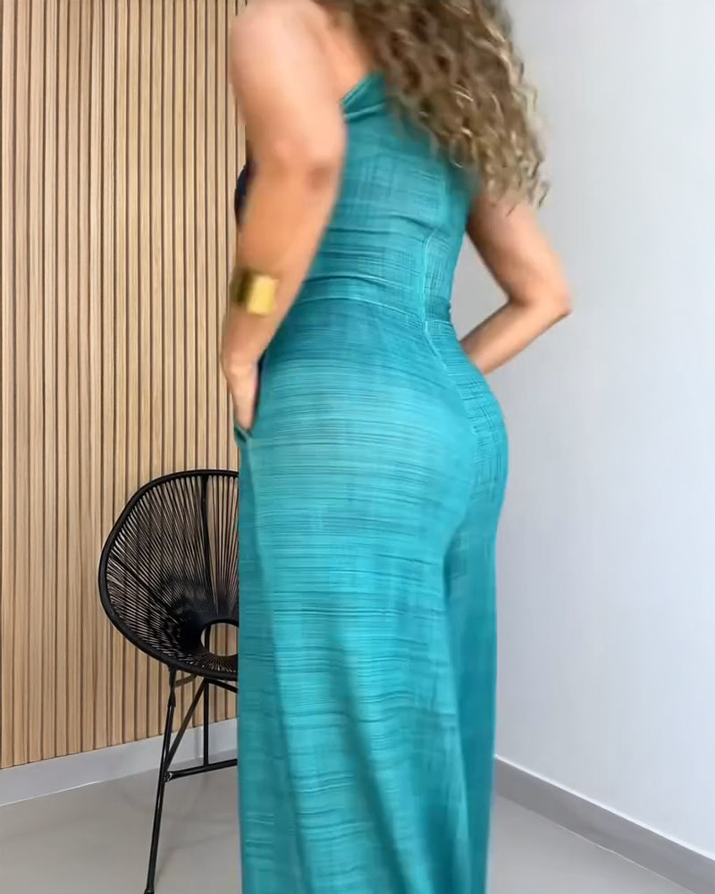 Colorblock Mock Neck Sleeveless Cinched Waist Zipper Back Overalls Casual High Waist Wide Leg Jumpsuit