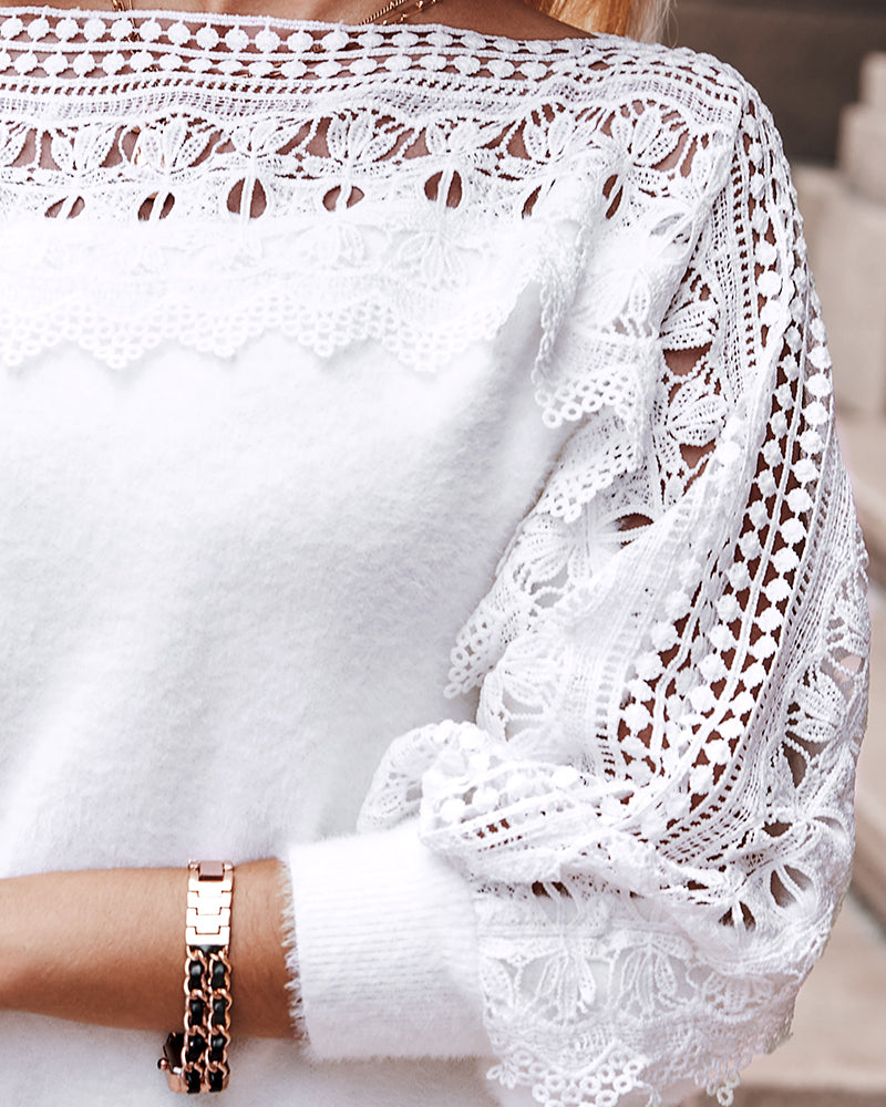Crewneck Guipure Lace Long Sleeve Hollow Out Knit Sweaters Pullover Tops