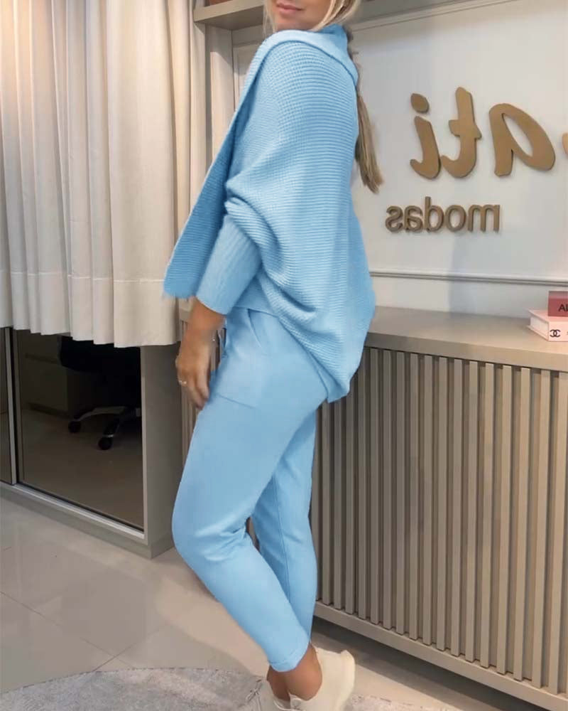 3PCS Batwing Sleeve Cardigan With Asymmetrical Neck Tank Top & Stretchy Waist Pants Set