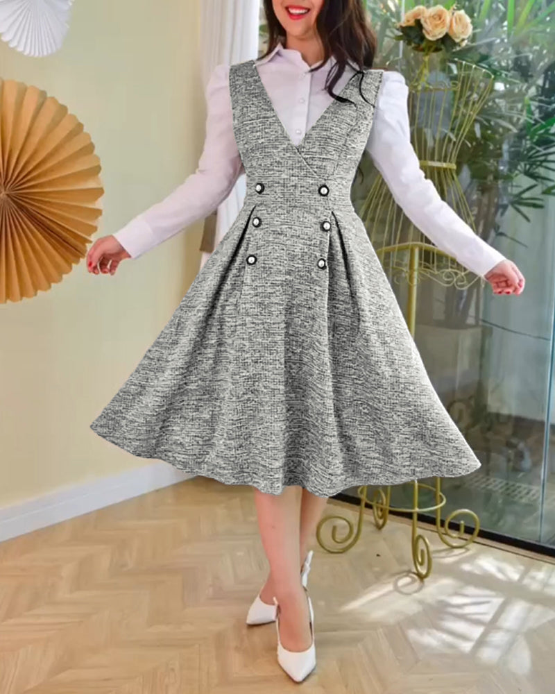 V-Neck Sleeveless Double Breasted Decor A Line Party Dress Causal Ziper Back Peplum Hem Commuting Dress